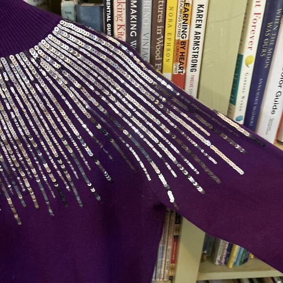 Oliver O Purple Silver Sequin Sweater Mock Neck Small S Super Soft - Picture 5 of 5